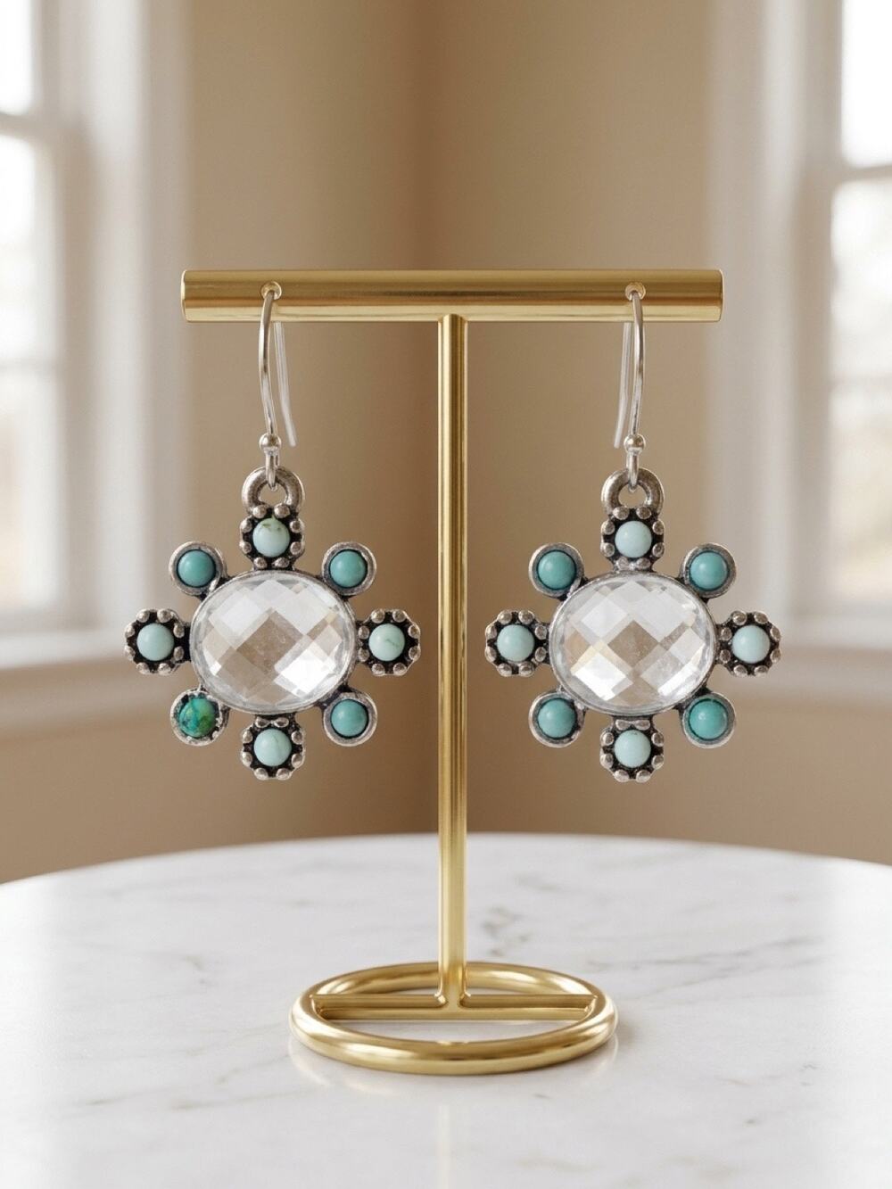 Restored Turquoise Tone & Rhinestone Flower Dangle Earrings